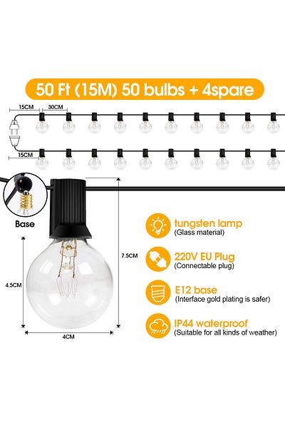 Choice EU Plug 15m 50 bulbs 15M G40 Tungsten Patio Outdoor Garland String Lights, IP65 220V Connectable Han