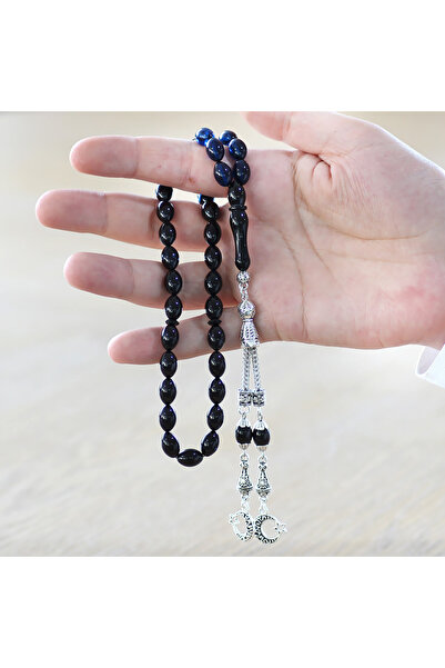 Tesbihane Tarnish-Free Metal Crescent and Star Tasseled Barley Cut Strained Blue Black Crimping Amber Prayer Beads