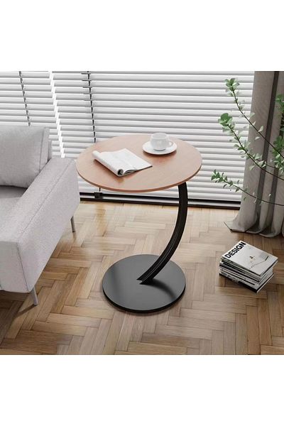 rexa Modern Round Wood & Black Metal Side Table - Curved Base Accent Table