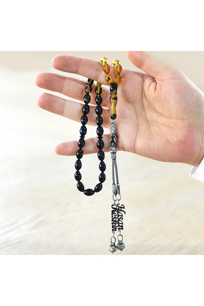 Tesbihane 1000 Sterling Silver Double Kazaz Tasseled Barley Cut Name Written Filtered Yellow Black Fire Amber Prayer Beads