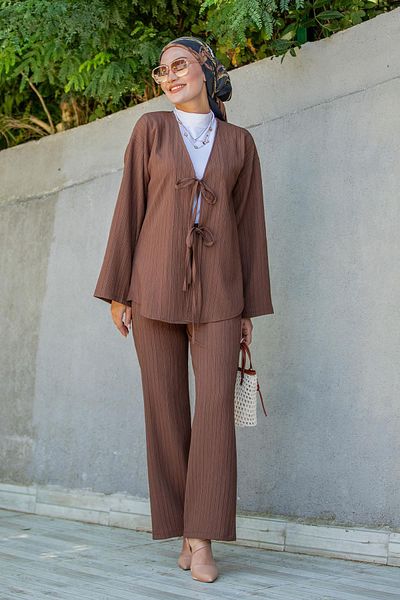 Tesettür Çarşım Mira Bürümcük Fabric Tunic Trousers Set-Brown