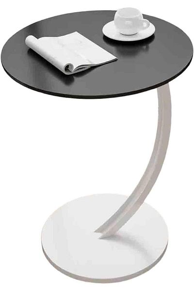 rexa Modern Round Wood & Black Metal Side Table - Curved Base Accent Table