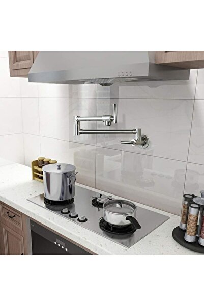 OEM Wall-mounted stove faucet made of solid steel with folding arm, nickel-plated silver (semi-gloss)