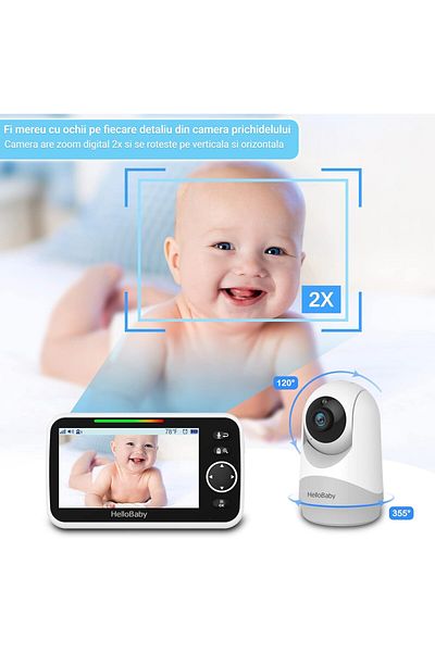 WowStep Baby Monitor Bebelusi, HB6250, Ecran 5 Inch, Nocturn, Infrarosu, Temperatura, Microfon Bidirectional
