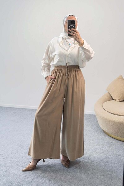 Hatun Atila Elastic Waist Casual Palazzo Modal Trousers 5221 - Mink