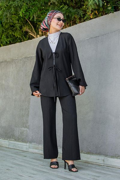 Tesettür Çarşım Mira Bürümcük Fabric Tunic Trousers Set-Black
