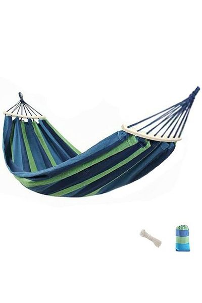 FreeBiz Double Hammock with Wooden Bar, FreeBiz®, Cotton, Blue