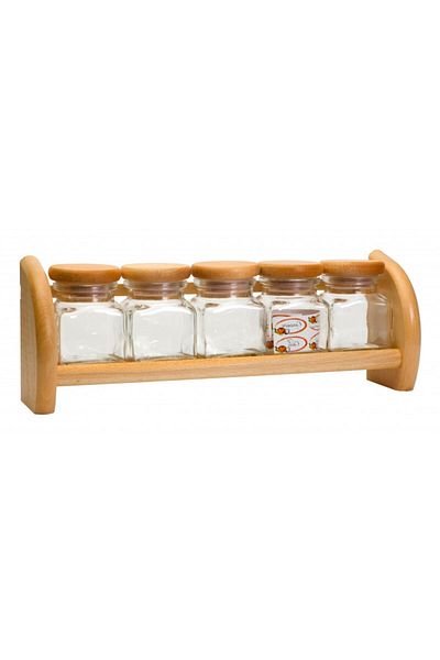 PRACTIC Set of 5 spice containers on wooden stand, President