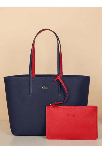 Lacoste حقيبة يد نسائية كبيرة، ثنائية اللون، متعددة الوظائف، أزرق داكن/أحمر