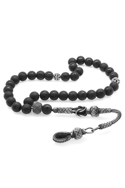 Tesbihane 1000 Sterling Silver Kazaz Tasseled Globe Cut Crescent Star Patterned Onyx Natural Stone Rosary