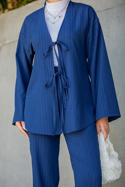 Tesettür Çarşım Mira Crinkle Fabric Tunic Pants Set-Navy