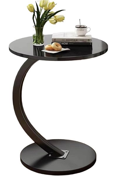 rexa Modern Round Wood & Black Metal Side Table - Curved Base Accent Table