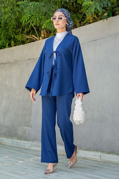 Tesettür Çarşım Mira Crinkle Fabric Tunic Pants Set-Navy