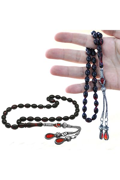 Tesbihane 1000 Sterling Silver Double Kazaz Tassel Barley Cut Red Black Fire Amber Prayer Beads