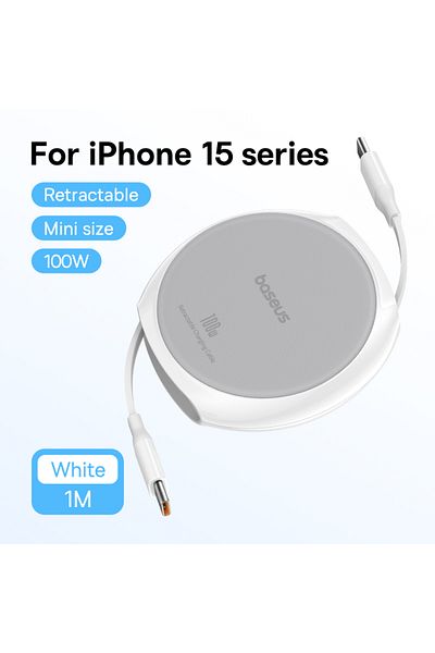 Baseus 1m White Usb C Cable 100w For Iphone 16 15 Plus Pro Max Retractable Cable For Macbook Ipad F