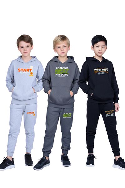 FYK COLLECTİON 3-Piece Boy's Kangaroo Pocket Hooded Printed Tracksuit Set