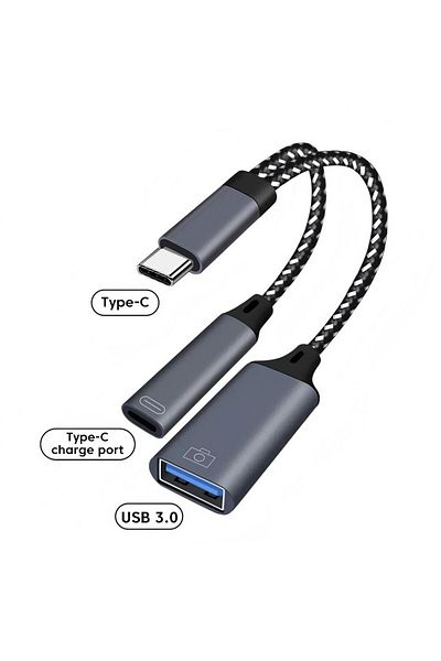 Choice كابل USB C OTG أسود اللون، محول هاتف 2 في 1 من النوع C إلى USB A مع منفذ شحن PD لهاتف Samsung