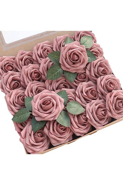 Choice Dusty Rose Artificial Flowers 25pcs Real Looking Dusty Rose Foam Fake Roses with Stems for DIY Weddi