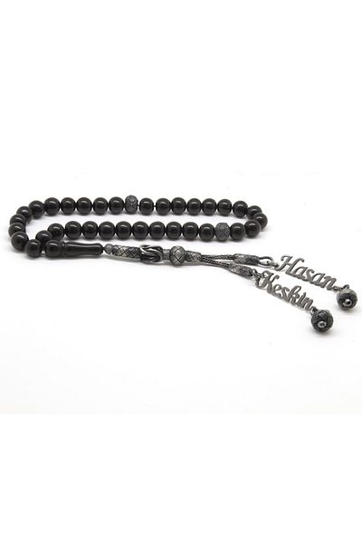 Tesbihane 1000 Sterling Silver Kazaz Tasseled Sphere Cut Name Written Erzurum Oltu Stone Prayer Beads