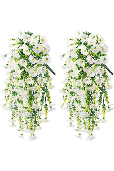 Choice White-2PCS Artificial Hanging Flowers Plants Faux Silk Purple Morning Glory Long Vines UV Resistant