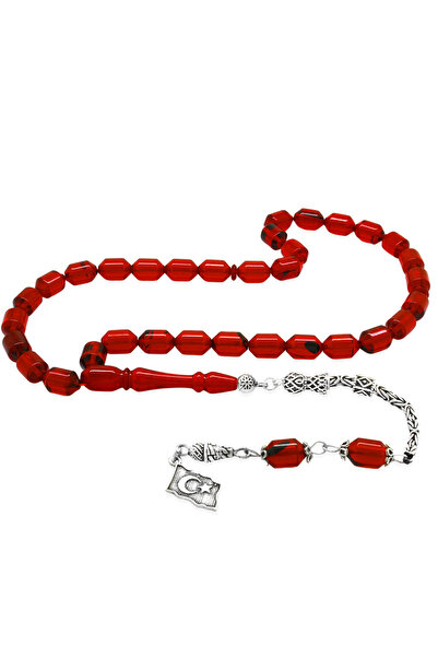 Tesbihane 925 проба срібний королівський флажок з бахромою, капсульний зріз, червоний вогняний бурштиновий чотки