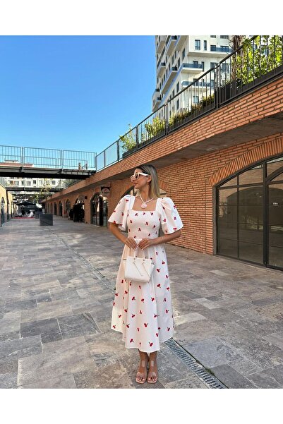 şems fashion Poplin Kumaş Gipeli Kemerli Kare Yaka Uzun Elbise