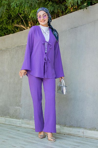 Tesettür Çarşım Mira Bürümcük Fabric Tunic Trousers Set-Purple