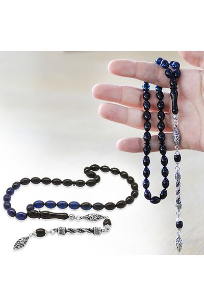 Tesbihane Non-Tarnish Metal Rope Tasseled Barley Cut Straining Blue Black Clamping Amber Prayer Beads
