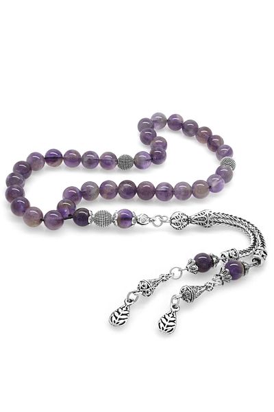 Tesbihane Non-Tarnish Metal Wheat Tasseled Sphere Cut Amethyst Natural Stone Rosary
