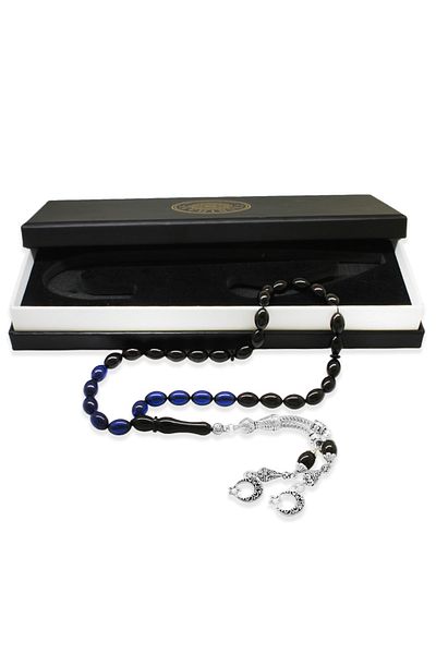 Tesbihane Tarnish-Free Metal Crescent and Star Tasseled Barley Cut Strained Blue Black Crimping Amber Prayer Beads