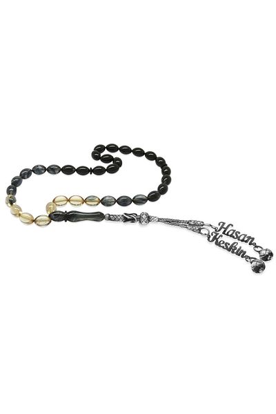 Tesbihane 1000 Sterling Silver Double Kazaz Tassels Barley Cut Name Written White - Black Fire Amber Prayer Beads