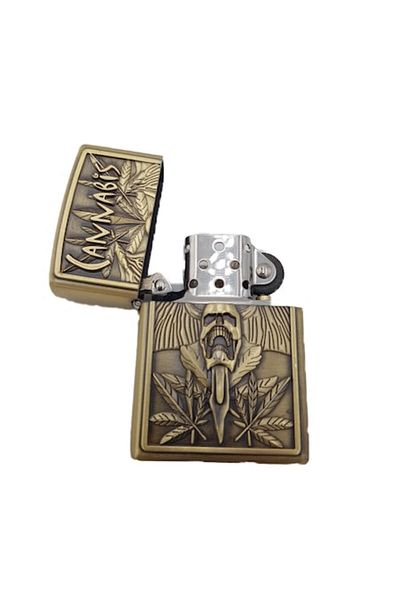dalimag Metal lighter, 3D relief, gas, cannabis model 2, green, box, 60 mm x 40 mm x 15 mm
