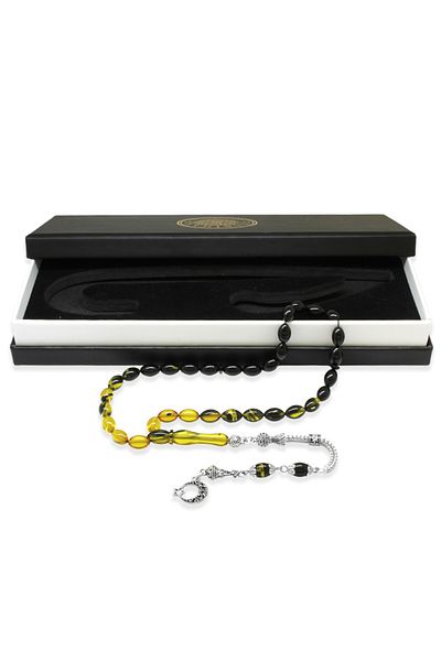 Tesbihane Ayyıldız Non-Tarnish Metal Tassel Barley Cut Filtered Yellow Black Fire Amber Prayer Beads