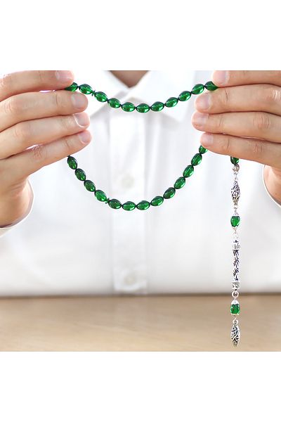 Tesbihane Non-Tarnish Metal Rope Tasseled Barley Cut Green Fire Amber Prayer Beads