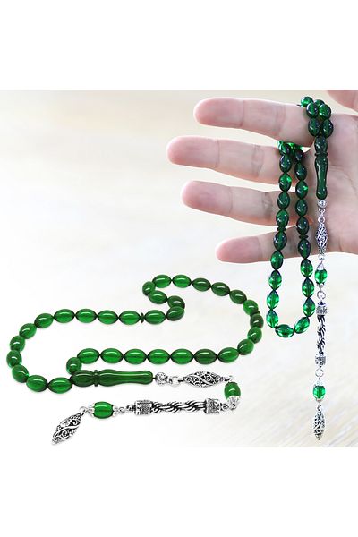 Tesbihane Non-Tarnish Metal Rope Tasseled Barley Cut Green Fire Amber Prayer Beads