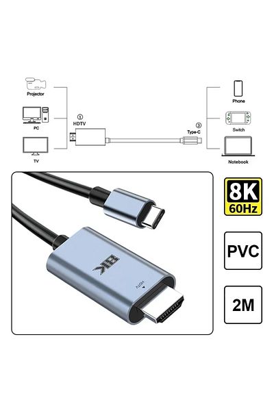 Vikefon كابل 2 متر 8K 60HZ PVC 8K UHD Type-C إلى HDMI متوافق مع 8K 60Hz/4K 120Hz مثالي لبث الألعاب