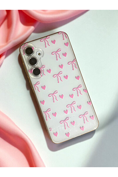 Merwish Samsung Galaxy A14 Compatible Pink Heart and Bow Pattern Transparent Case Cover