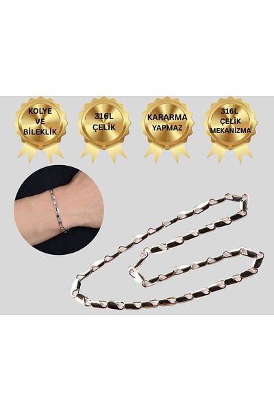 Satürn Silver Kuyumculuk Steel Parrot Chain Men's Necklace and Bracelet Set Tarnish-Free Steel Necklace Steel Chain Necklace