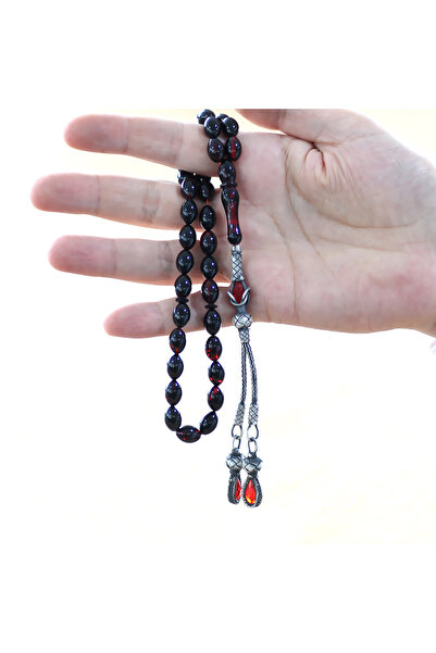 Tesbihane 1000 Sterling Silver Double Kazaz Tassel Barley Cut Red Black Fire Amber Prayer Beads