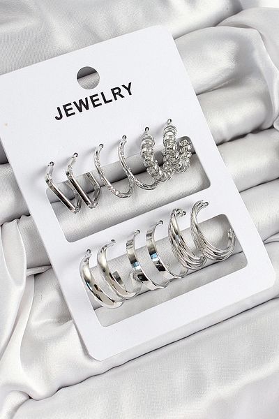 Store Brass Mixed Ring Model Silver Color 6 Pairs Women's Earrings Set