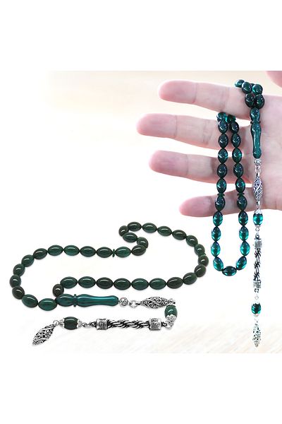 Tesbihane Non-Tarnish Metal Rope Tassel Barley Cut Water Blue Fire Amber Prayer Beads