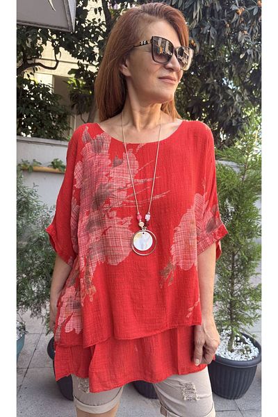 DenizEge Clara Floral Necklace Blouse Red