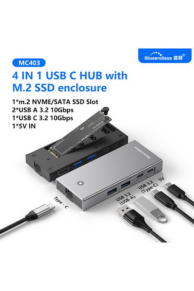 Choice حاوية SSD من Blueendless m2 Sata/NVMe MC403 مع موزع USB C ومحطة إرساء للكمبيوتر المحمول بدقة 4K وتردد 60 هرتز ومنفذ HDMI-Com ومنفذ USB3.