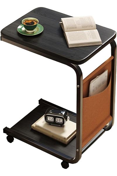rexa C-Shaped Rolling Side Table with Storage Pocket - Sofa End Table