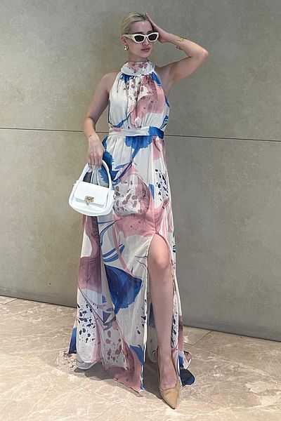 Madmext Saks/Pink Halter Λαιμόκοψη Μακρύ Φόρεμα με Λεπτομέρεια MG2162