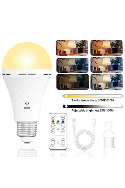 Choice 1PCS USB-C Rechargeable Emergency Bulb with E27 Socket, Tri-Color Temperature (3000K-6000K), Remote