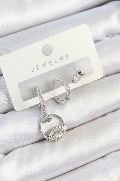 Clariss Brass Zircon Stone Eye and Owl Model Silver Color 3-Piece Double Women's Earring Set
