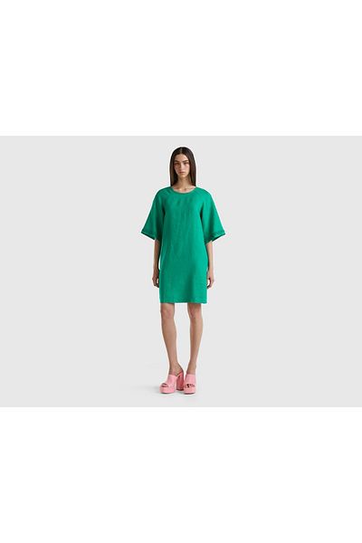 United Colors of Benetton Women's Short Linen Dress with Crochet Details