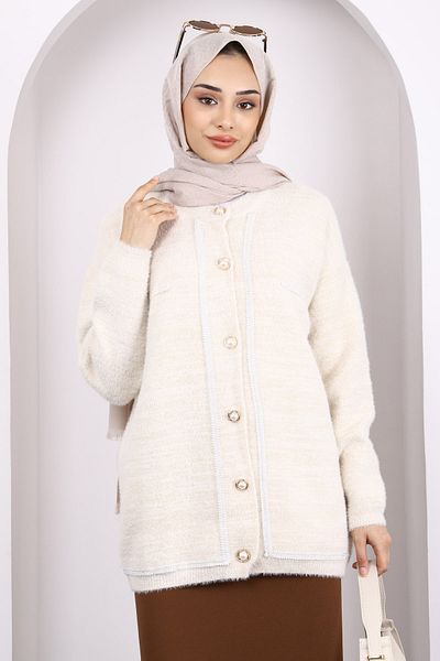 İmajButik Ζακέτα πλεκτό Angora με κουμπιά κρέμα γκλίτερ