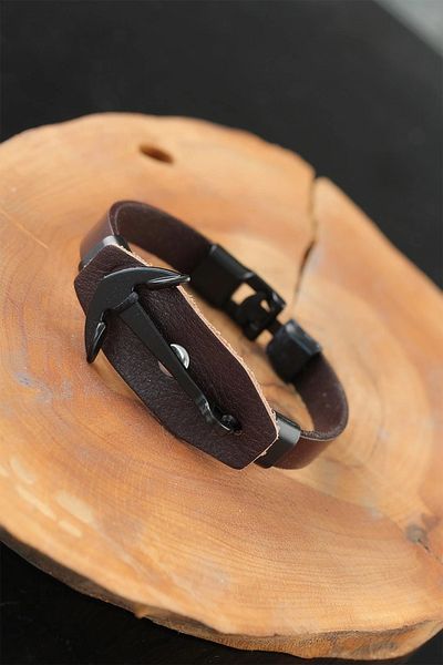 ALFA AKSESUAR 03 Black Sea Anchor Brown Leather Men's Bracelet with Steel Accessories - TJ-EB2537-KS